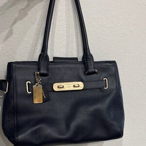 Coach Navy Blue Leather Shoulder Bag with Gold Details